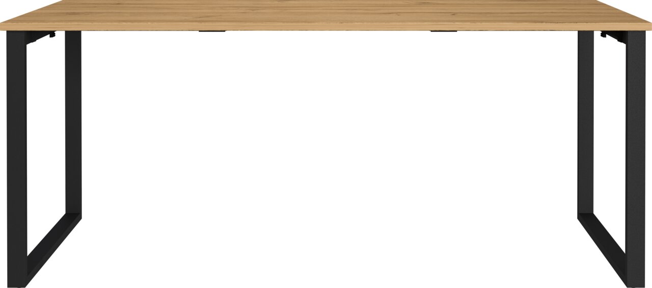 Modern bureau met een lichtgekleurd houten blad en zwarte metalen poten, vooraanzicht op een witte achtergrond