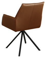 Rückansicht eines braunen Armlehnstuhls mit schwarzem Metallgestell und vier Beinen.