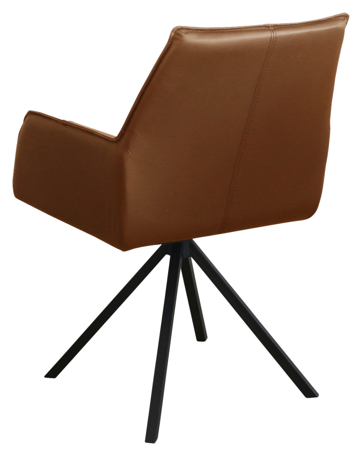 Rückansicht eines braunen Armlehnstuhls mit schwarzem Metallgestell und vier Beinen.