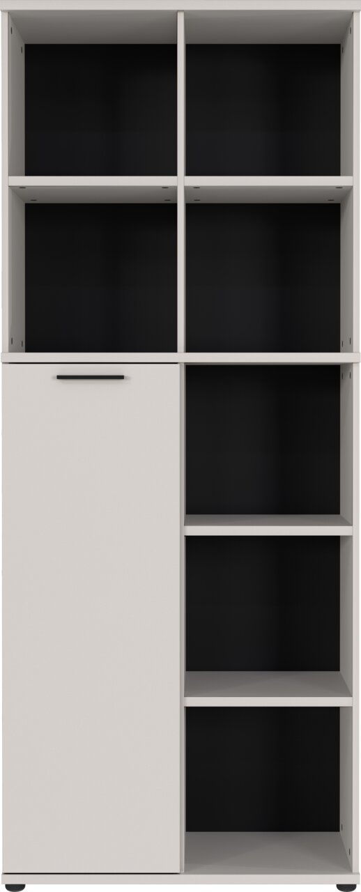 Aktenschrank mit mehreren offenen Fächern und einer Tür, frontal betrachtet.