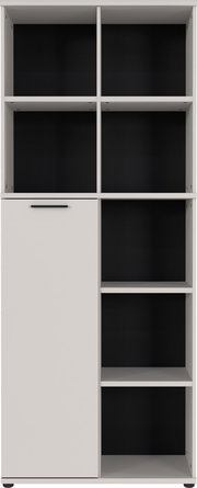 Aktenschrank mit mehreren offenen Fächern und einer Tür, frontal betrachtet.