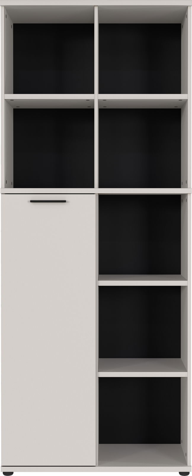 Aktenschrank mit mehreren offenen Fächern und einer Tür, frontal betrachtet.