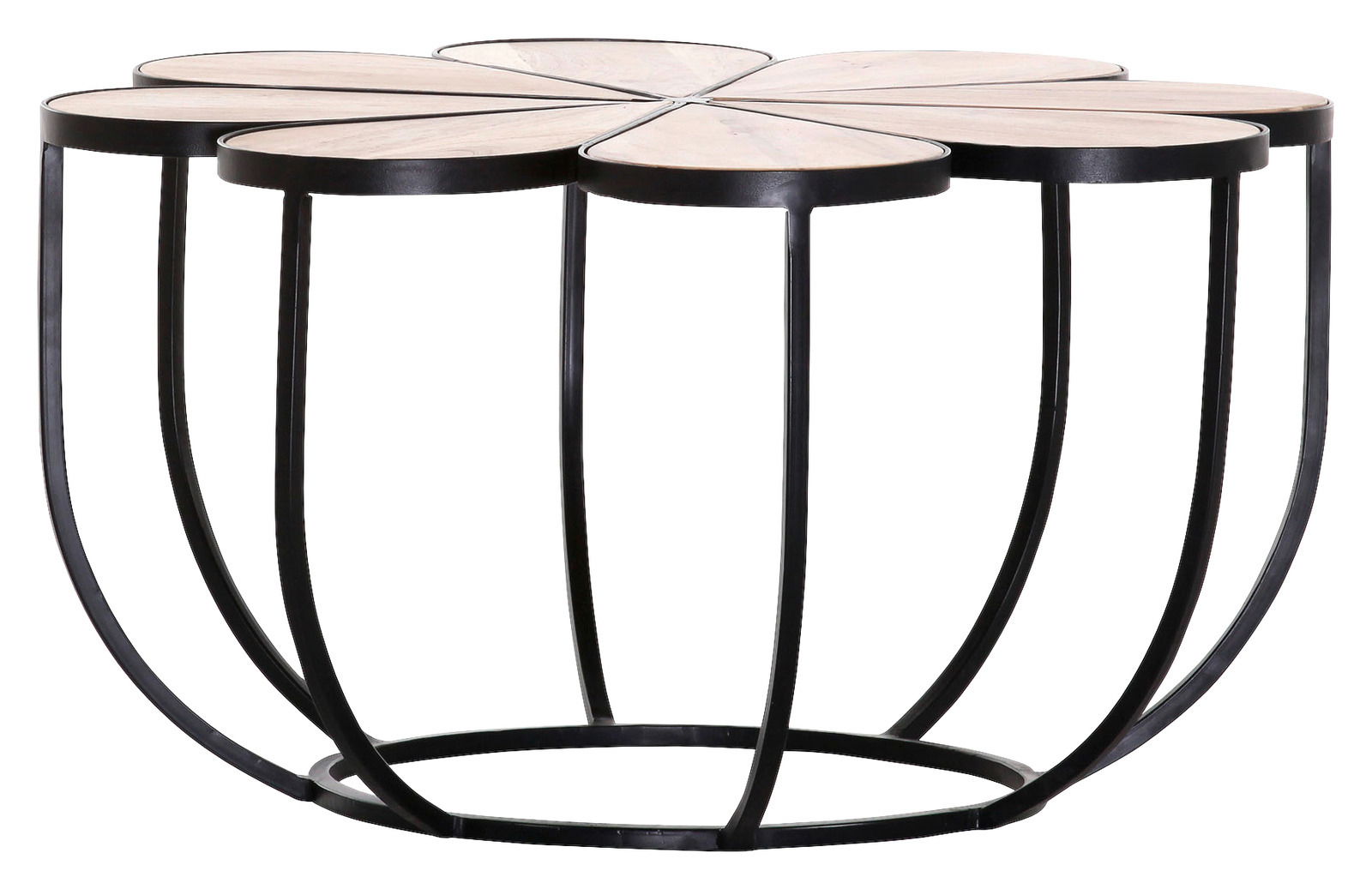 Beistelltisch mit blumenförmiger Tischplatte aus Holz und schwarzem Metallgestell, seitliche Perspektive