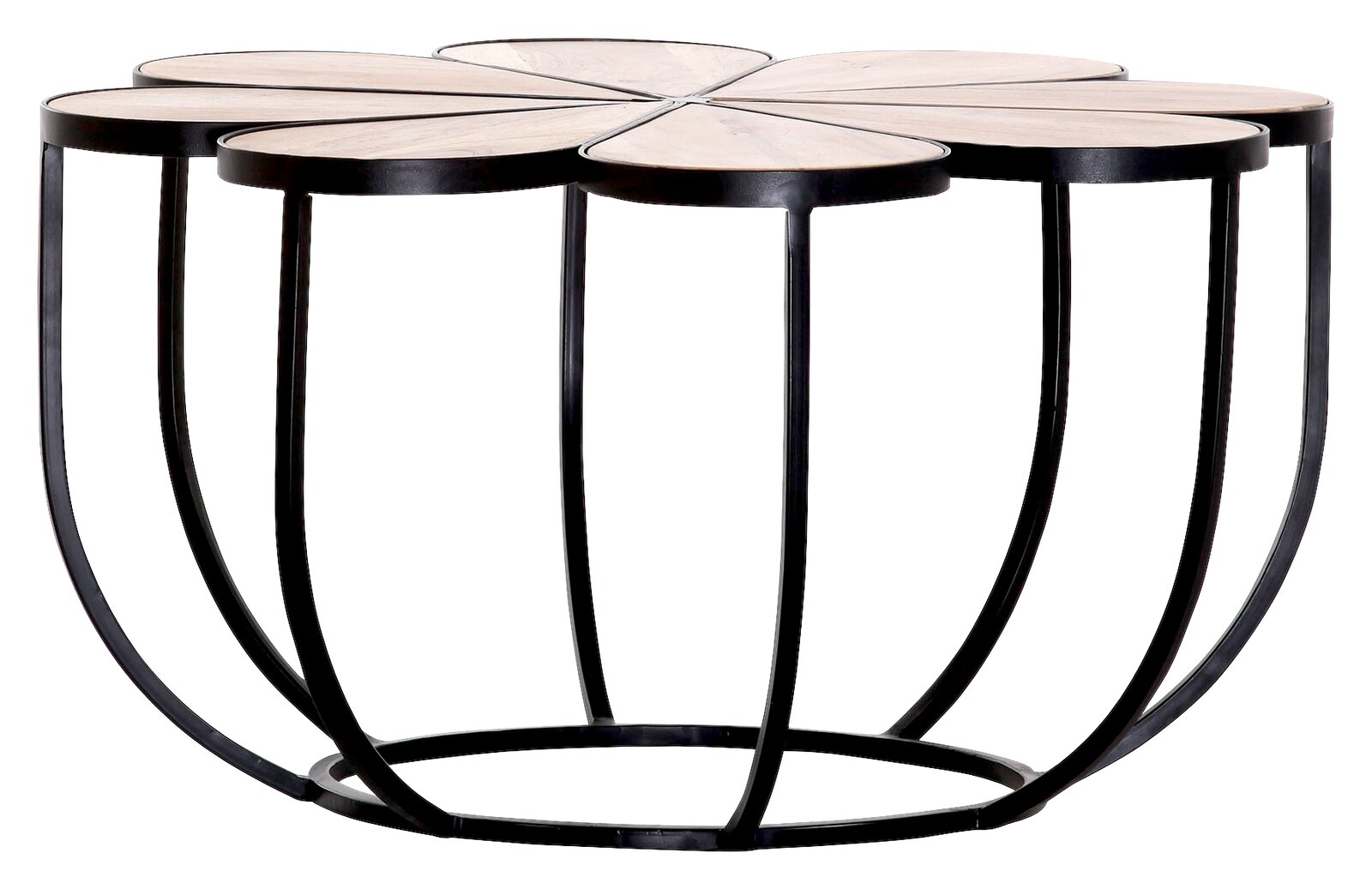 Beistelltisch mit blumenförmiger Tischplatte aus Holz und schwarzem Metallgestell, seitliche Perspektive