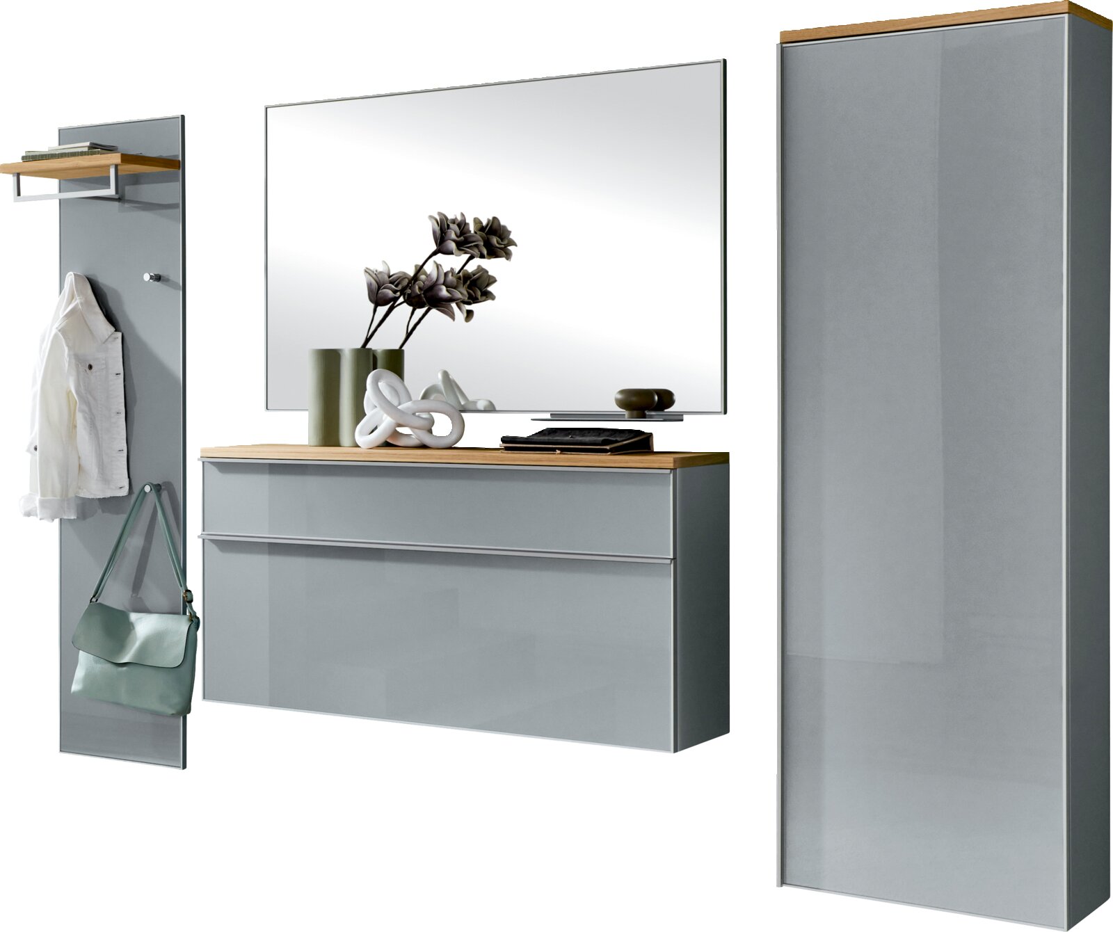 VOSS Garderoben-Set 5-tlg. VORTINA Modernes Garderoben-Set in Grau mit Holz-Akzenten: Wandpaneel mit Ablage und Haken, schwebende Kommode mit zwei Schubladen, großer Wandspiegel und hoher Schrank, dargestellt in frontaler Ansicht mit leichter Schrägperspektive