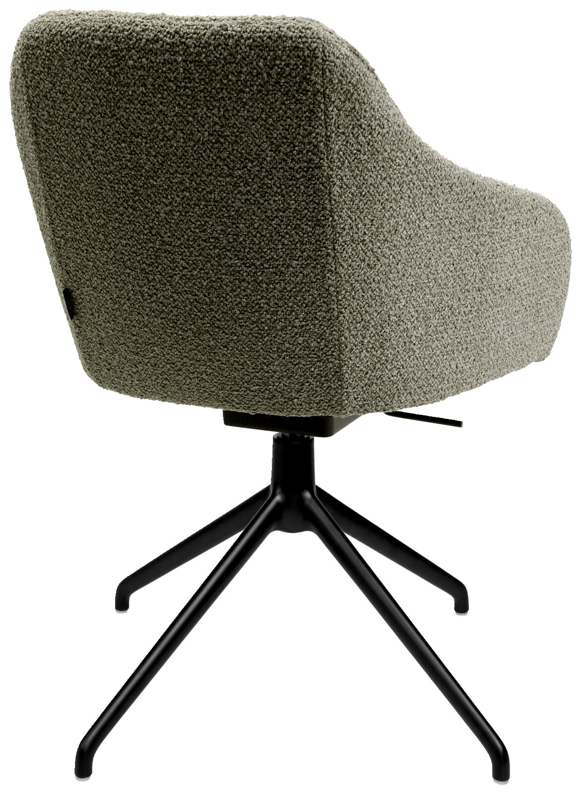 Achterkant van een fauteuil met groene stoffen bekleding en een zwart metalen frame.