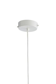 Weiße Deckenrosette einer Hängeleuchte mit Kabel, Ansicht von unten.