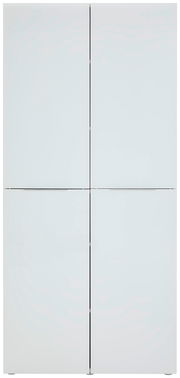 Frontansicht eines weißen Mehrzweckschranks mit vier Türen.