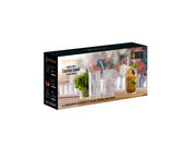 Verpackung des Longdrinkglas-Sets mit vier Gläsern und vier Glasstrohhalmen, seitliche Perspektive