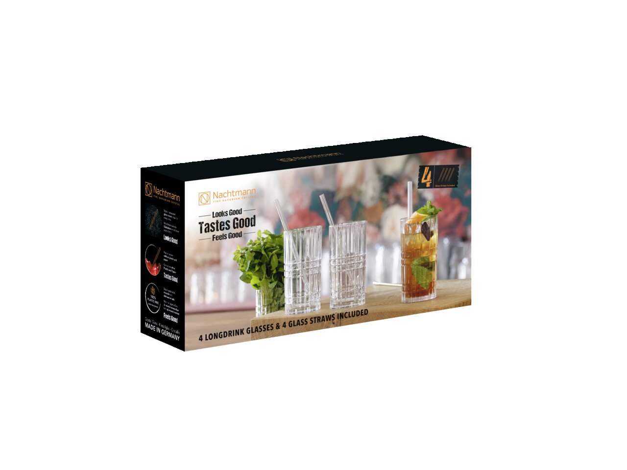 Verpackung des Longdrinkglas-Sets mit vier Gläsern und vier Glasstrohhalmen, seitliche Perspektive