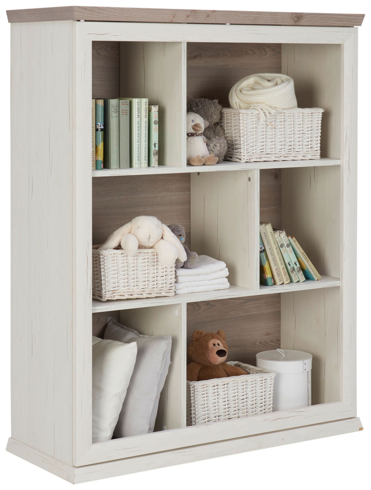 MyBaby Standelement CAMRON Weißes Regal mit mehreren Fächern, gefüllt mit Büchern, Körben, Kuscheltieren und Kissen, seitliche Perspektive