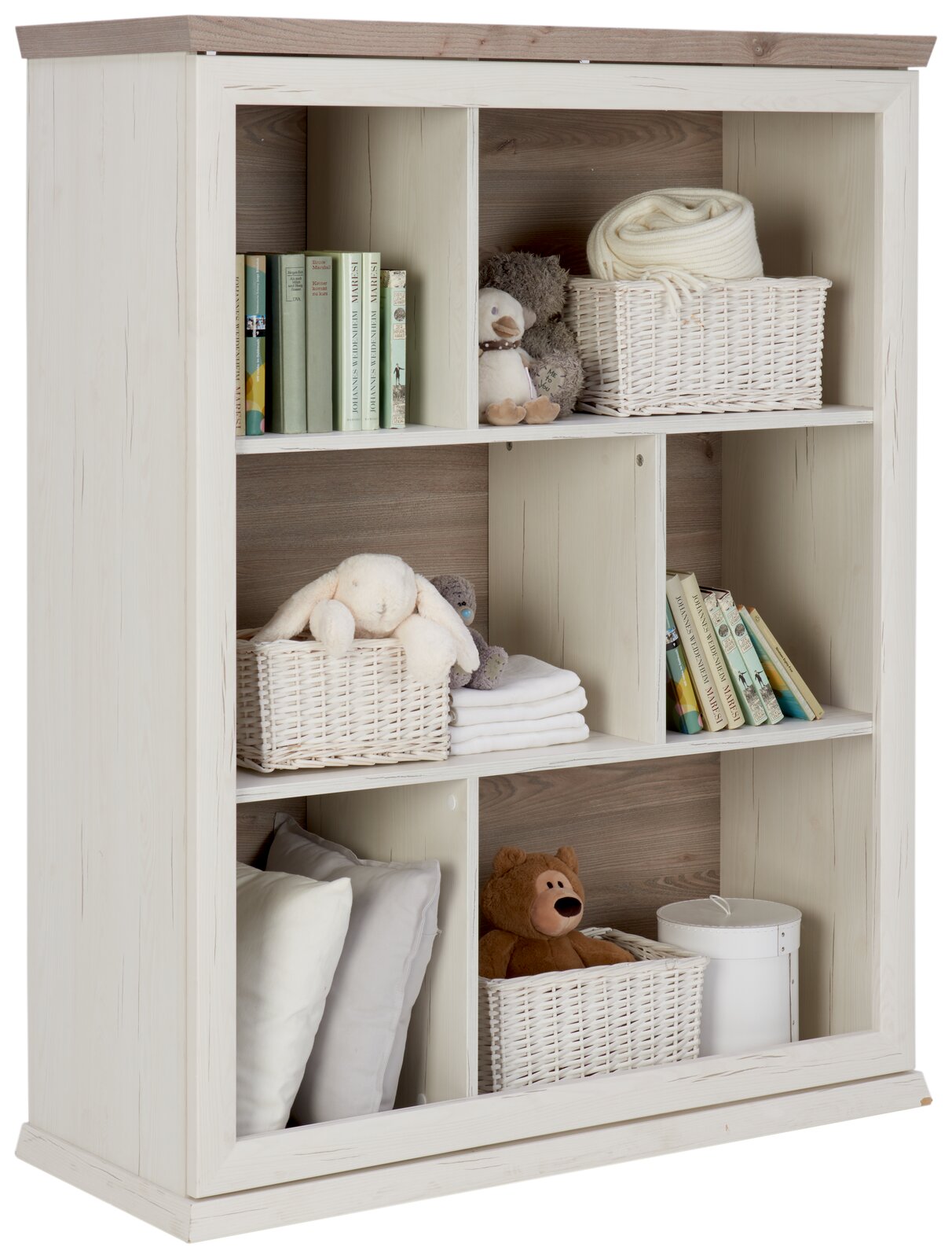 MyBaby Standregal niedrig CAMRON Weißes Regal mit mehreren Fächern, gefüllt mit Büchern, Körben, Kuscheltieren und Kissen, seitliche Perspektive