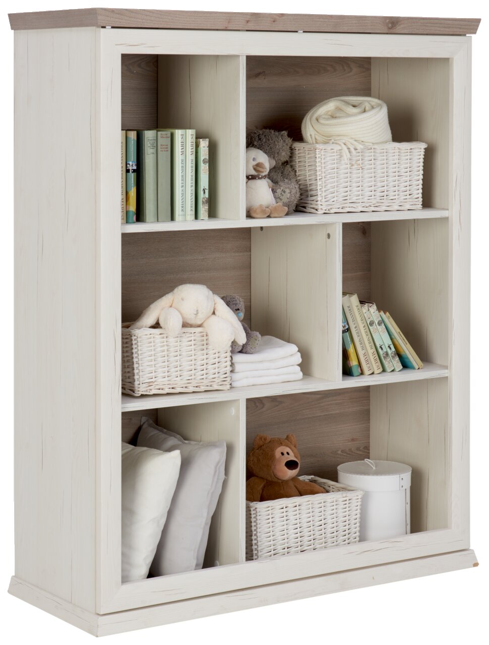 MyBaby Standregal niedrig CAMRON Weißes Regal mit mehreren Fächern, gefüllt mit Büchern, Körben, Kuscheltieren und Kissen, seitliche Perspektive