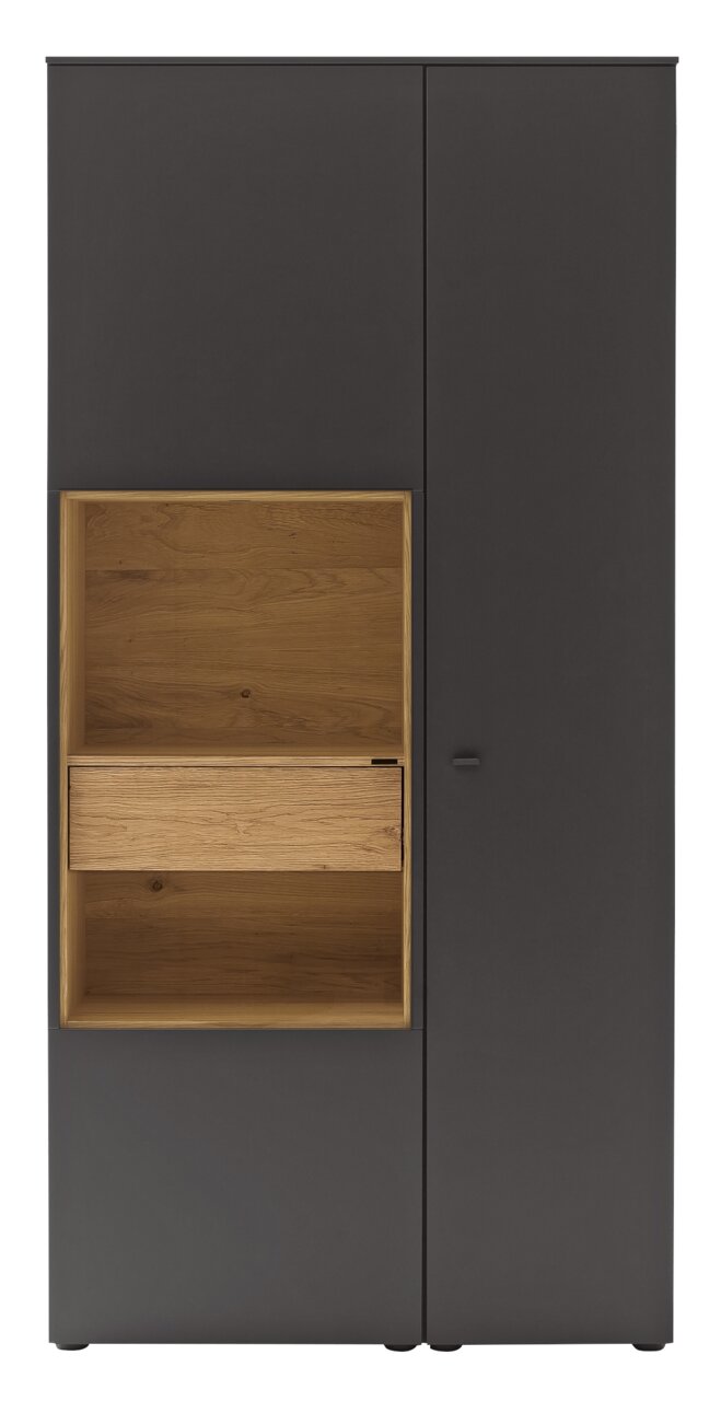 Moderne vitrinekast in donkergrijs met open houten vak en lade, vooraanzicht