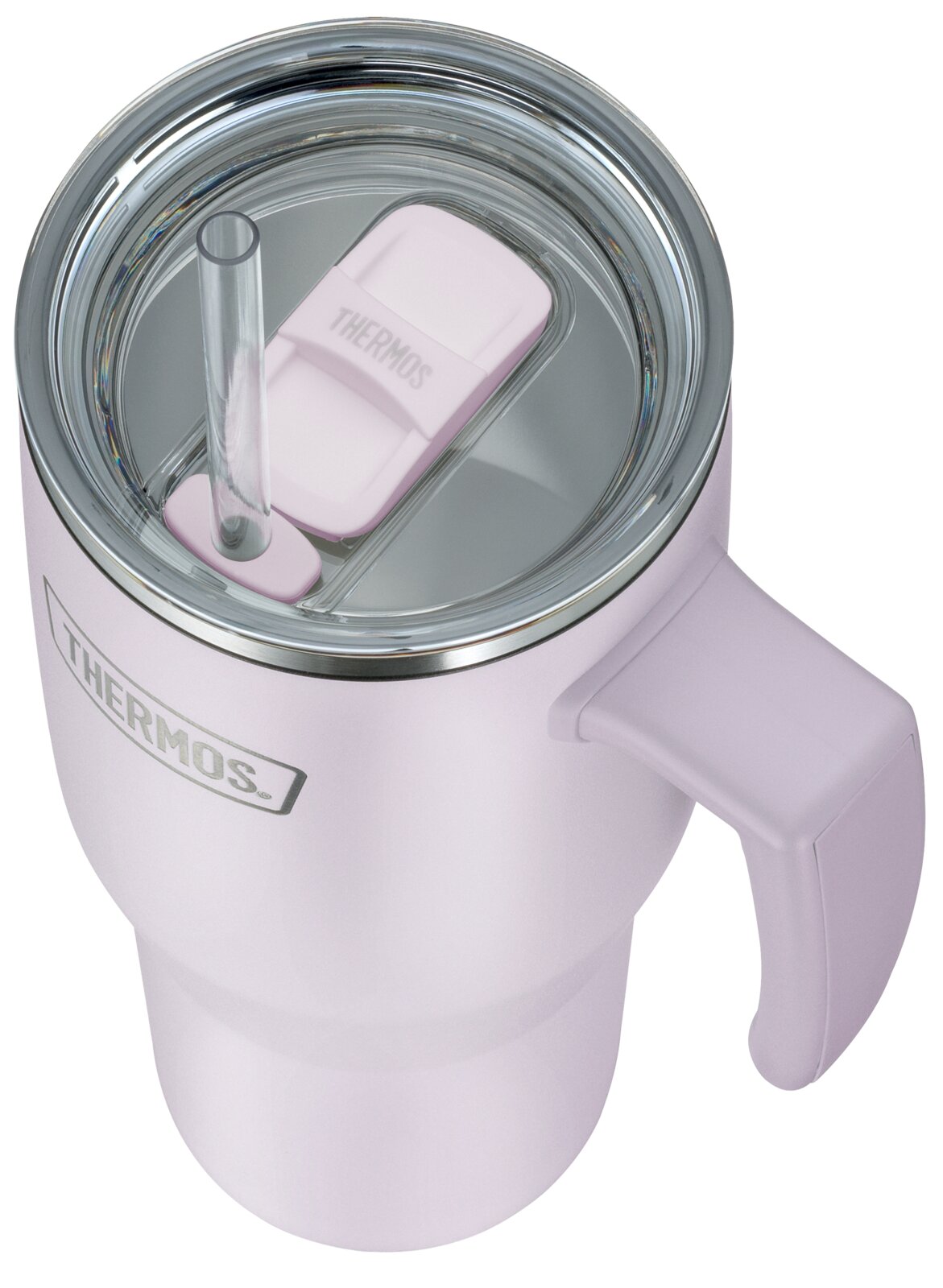 Lichtroze Thermos-isoleerbeker met handvat, transparant deksel en herbruikbaar rietje, schuin van bovenaf gezien