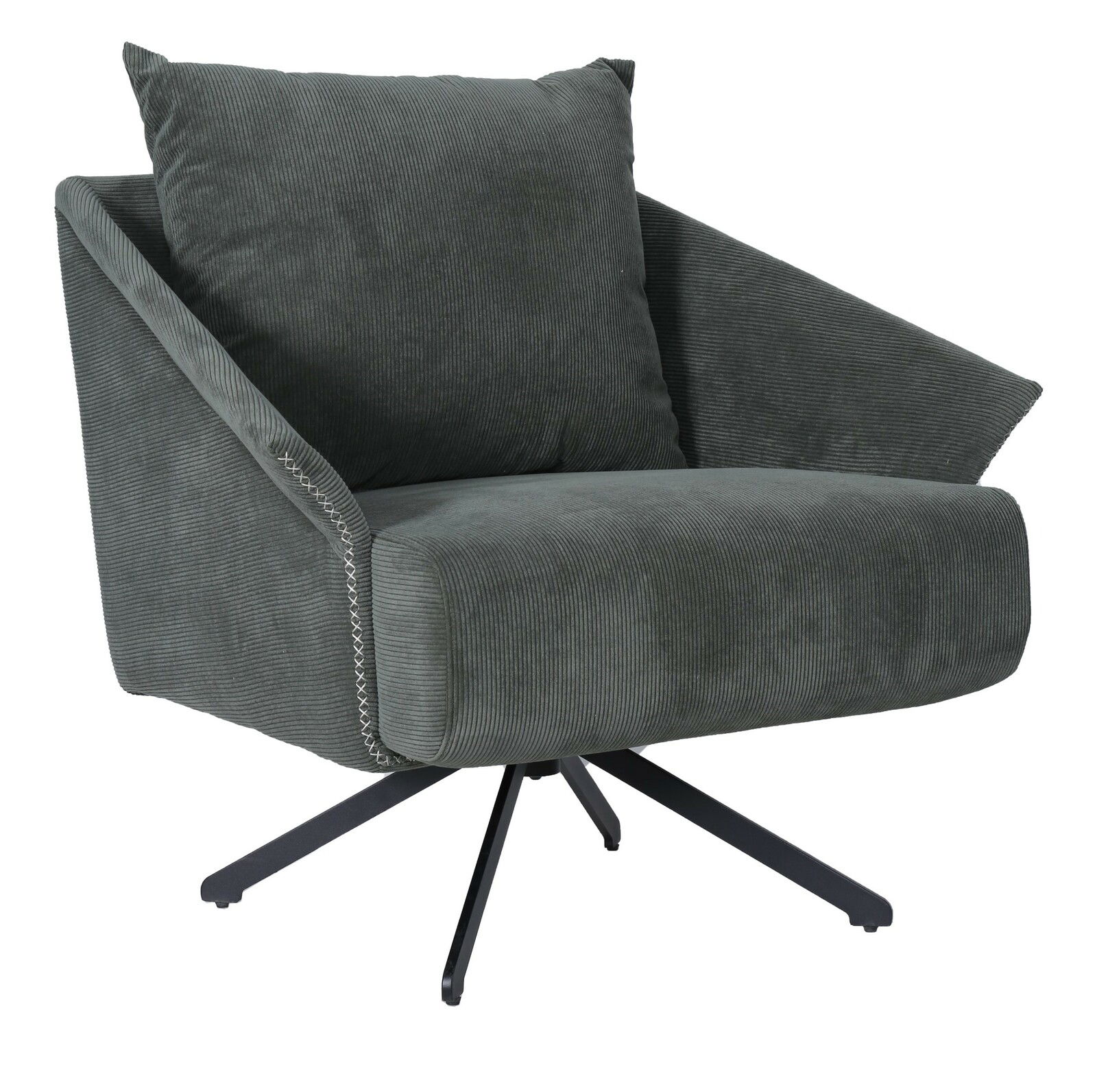 Moderner Sessel mit dunkelgrauem Cordbezug und schwarzem Metallfuß, seitliche Perspektive