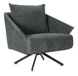 Moderner Sessel mit dunkelgrauem Cordbezug und schwarzem Metallfuß, seitliche Perspektive