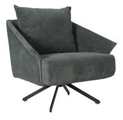 Moderner Sessel mit dunkelgrauem Cordbezug und schwarzem Metallfuß, seitliche Perspektive