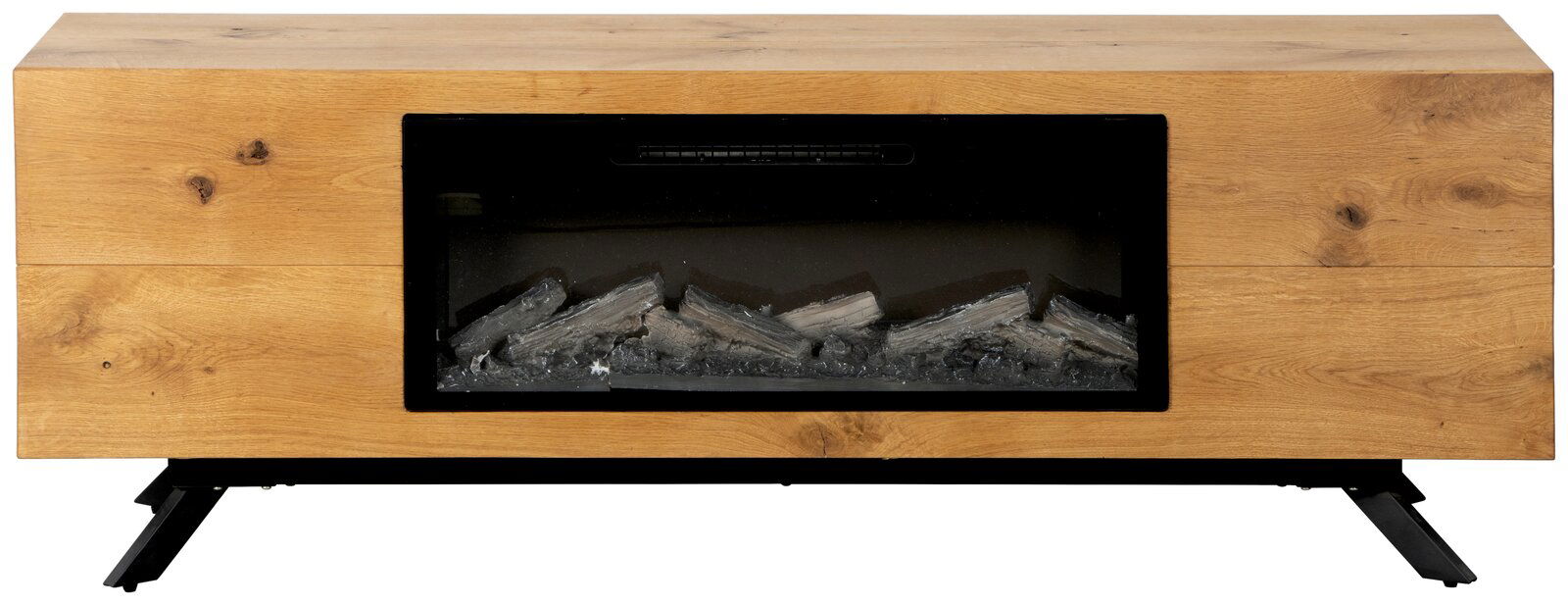 Frontansicht eines modernen Elektrokamins in einem Holzgehäuse mit schwarzer Glasfront und dekorativen Holzscheiten auf schwarzen Metallfüßen