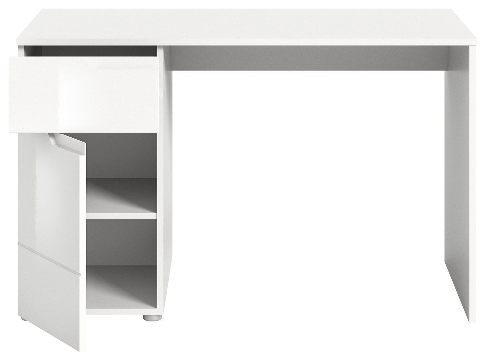 Weißer Schreibtisch mit einer Schublade und einem offenen Schrank mit zwei Fächern, frontal betrachtet.