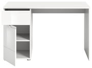 Weißer Schreibtisch mit einer Schublade und einem offenen Schrank mit zwei Fächern, frontal betrachtet.