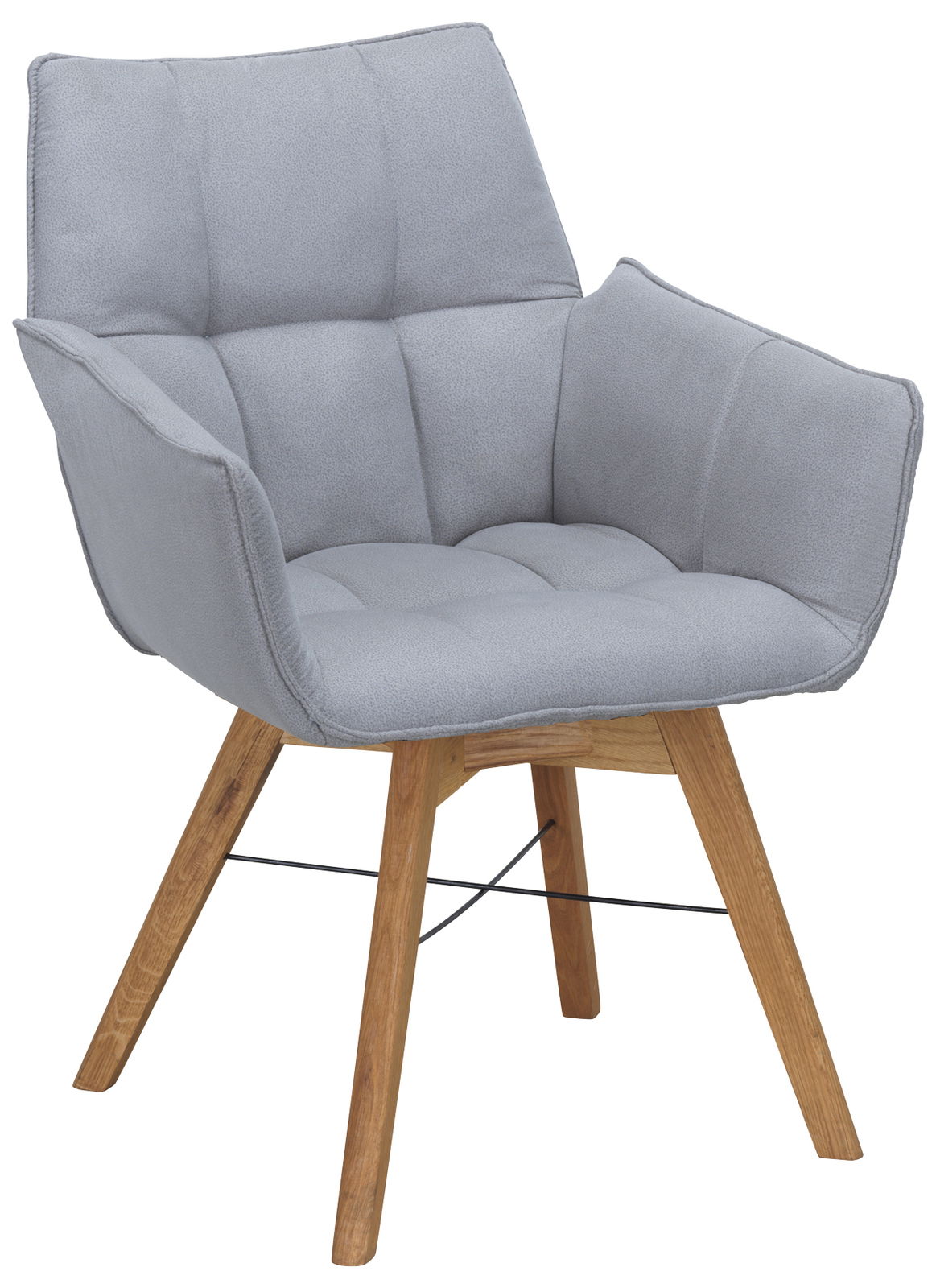 Grauer Armlehnenstuhl mit gepolstertem Sitz und Rückenlehne, Holzbeine, seitliche Perspektive