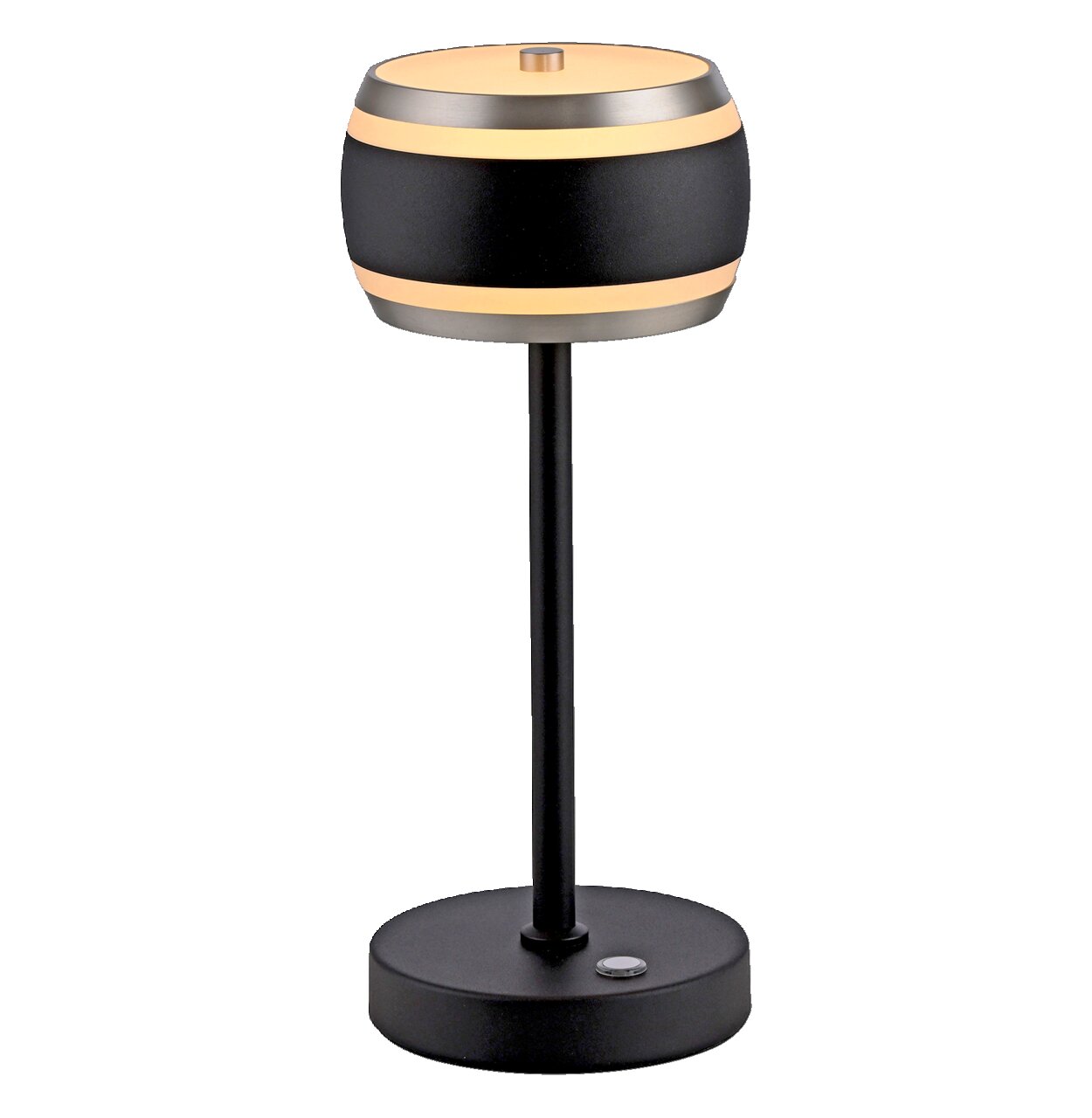 Moderne Akku-Tischleuchte in Schwarz mit zylindrischem Lampenschirm, seitliche Ansicht