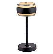 Moderne Akku-Tischleuchte in Schwarz mit zylindrischem Lampenschirm, seitliche Ansicht