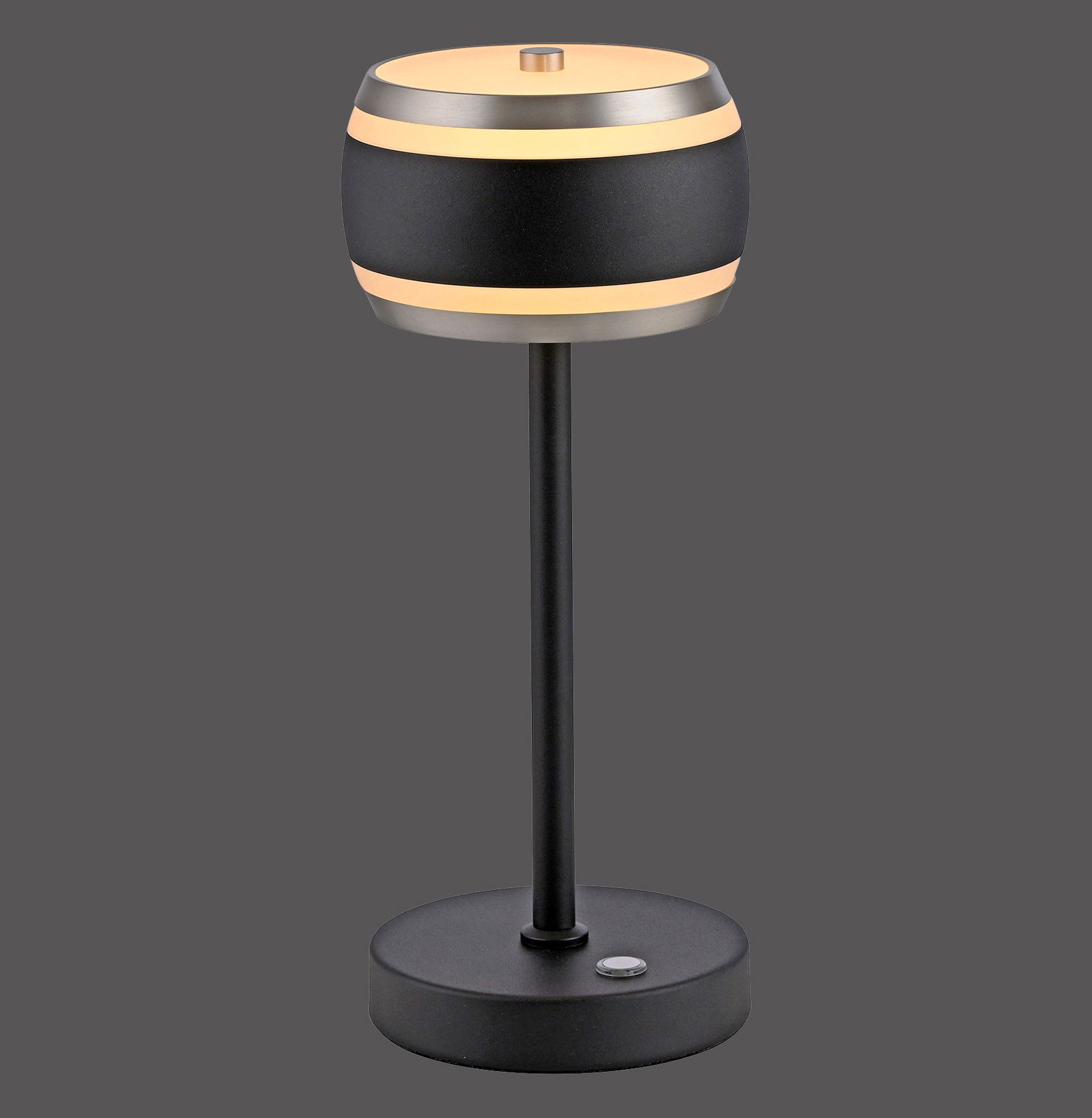 Moderne Akku-Tischleuchte in Schwarz mit zylindrischem Lampenschirm, seitliche Ansicht