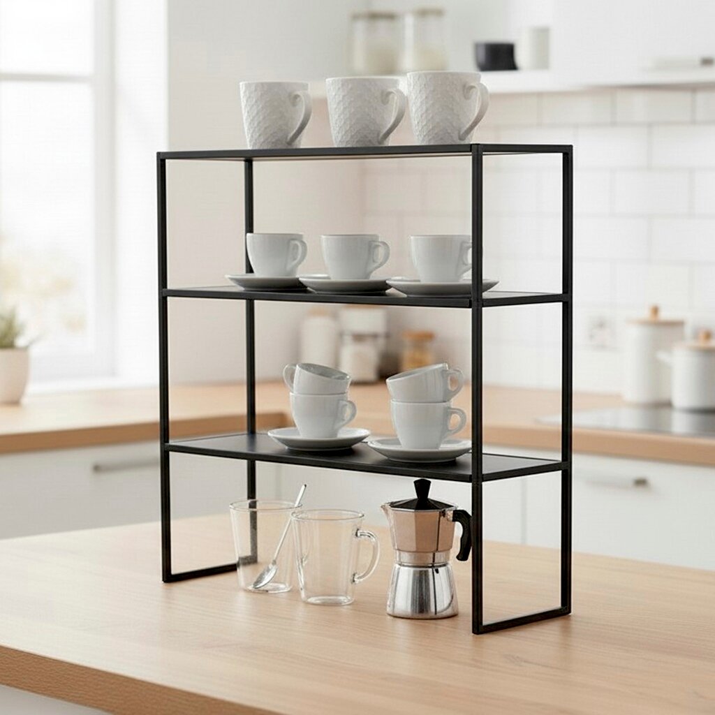 Schwarzes, minimalistisches Küchenregal/Ablagegestell aus Metall mit drei Ebenen auf einer Holzarbeitsplatte, bestückt mit weißen Tassen und Untertassen sowie Gläsern und Espressokanne; Perspektive: frontale leicht schräge Ansicht auf Augenhöhe.
