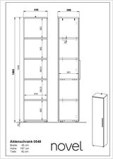 Zeichnung eines schmalen Aktenschranks mit fünf offenen Fächern, Front- und Seitenansicht, Maße: Breite 45 cm, Höhe 197 cm, Tiefe 40 cm.