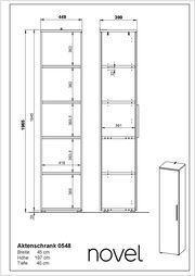 Zeichnung eines schmalen Aktenschranks mit fünf offenen Fächern, Front- und Seitenansicht, Maße: Breite 45 cm, Höhe 197 cm, Tiefe 40 cm.