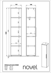 Zeichnung eines schmalen Aktenschranks mit fünf offenen Fächern, Front- und Seitenansicht, Maße: Breite 45 cm, Höhe 197 cm, Tiefe 40 cm.