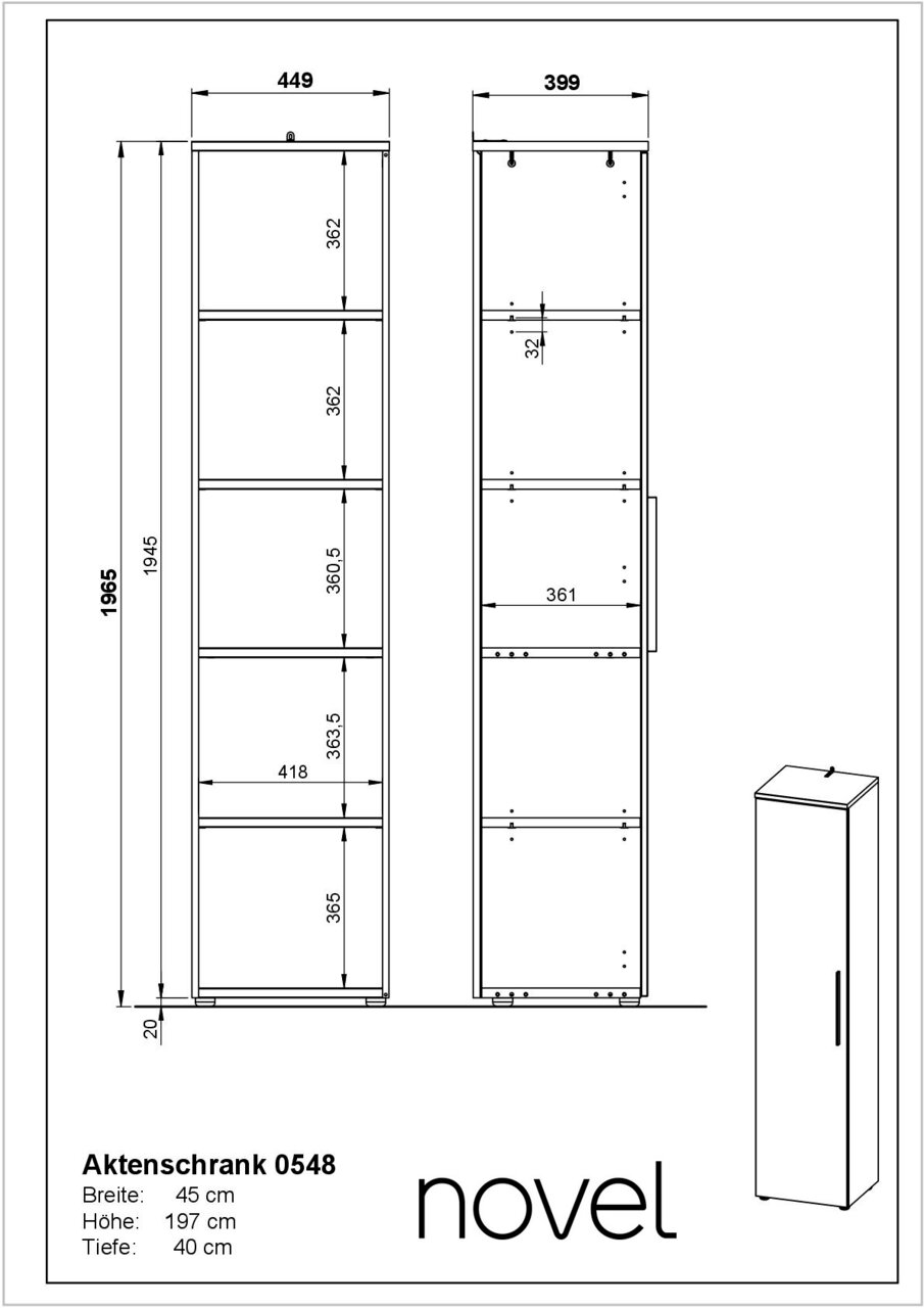 Zeichnung eines schmalen Aktenschranks mit fünf offenen Fächern, Front- und Seitenansicht, Maße: Breite 45 cm, Höhe 197 cm, Tiefe 40 cm.