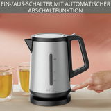 Moderner Wasserkocher aus Edelstahl mit Ein-/Ausschalter und automatischer Abschaltfunktion, seitliche Ansicht.