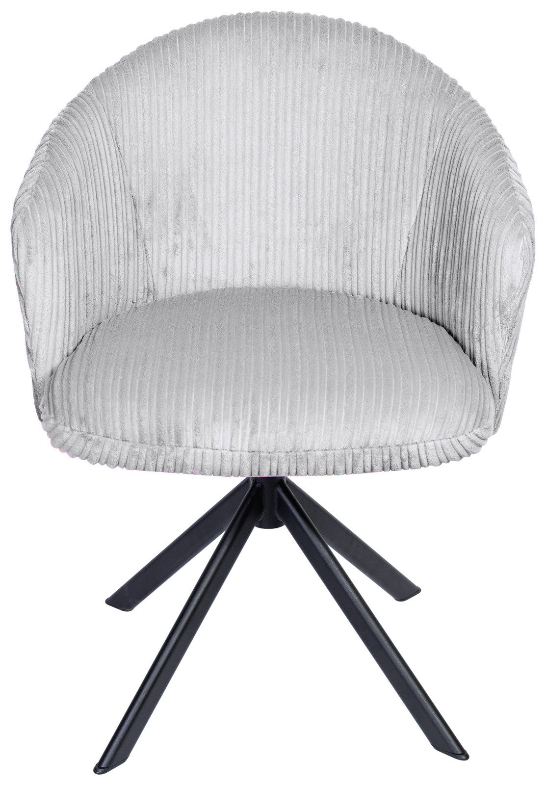 Grauer Armlehnstuhl mit geripptem Stoffbezug und schwarzem Metallgestell, Frontalansicht