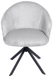 Grauer Armlehnstuhl mit geripptem Stoffbezug und schwarzem Metallgestell, Frontalansicht