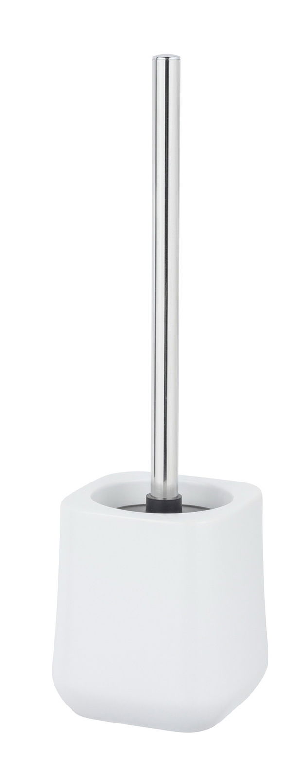 Keramik WC-Garnitur Adine in Weiß, frontal abgebildet mit Edelstahlgriff und quadratischem Behälter.