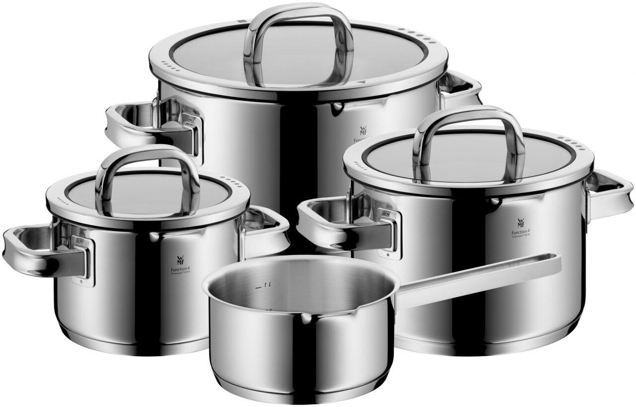 WMF Topfset 4-tlg. FUNCTION Topfset Function 4 Black 4-tlg aus Edelstahl, bestehend aus drei Töpfen mit Glasdeckeln und einem Stieltopf, in einer leicht erhöhten Perspektive.