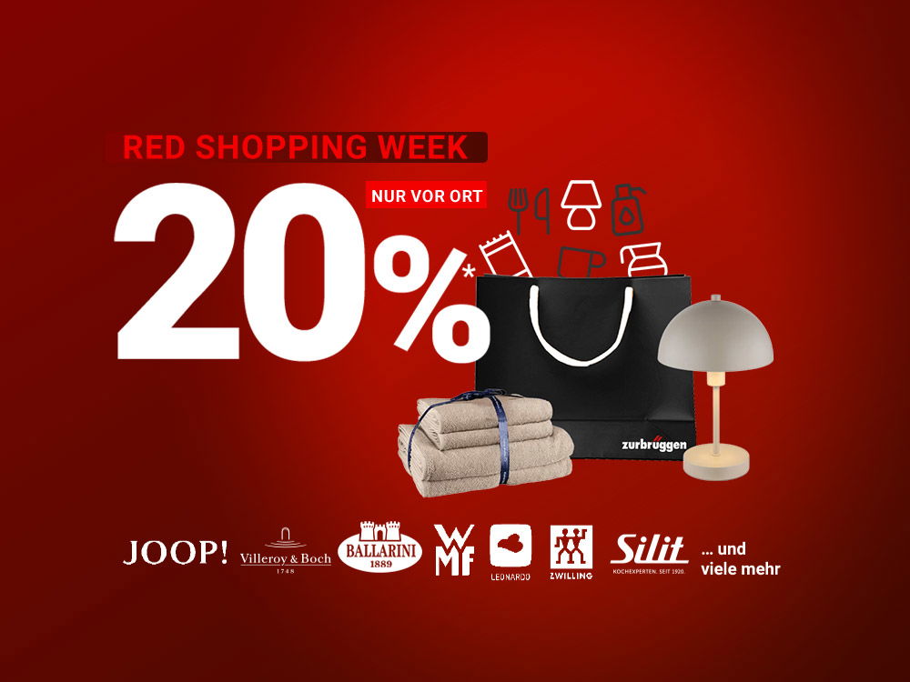 Red Shopping Week: 20% Rabatt nur vor Ort auf Marken, mit Tasche, Handtüchern und Lampe