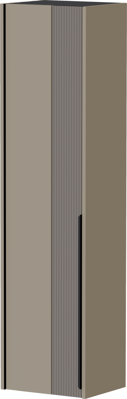 Hängender Garderobenschrank in seitlicher Perspektive mit moderner, gerippter Front und neutralem Farbton
