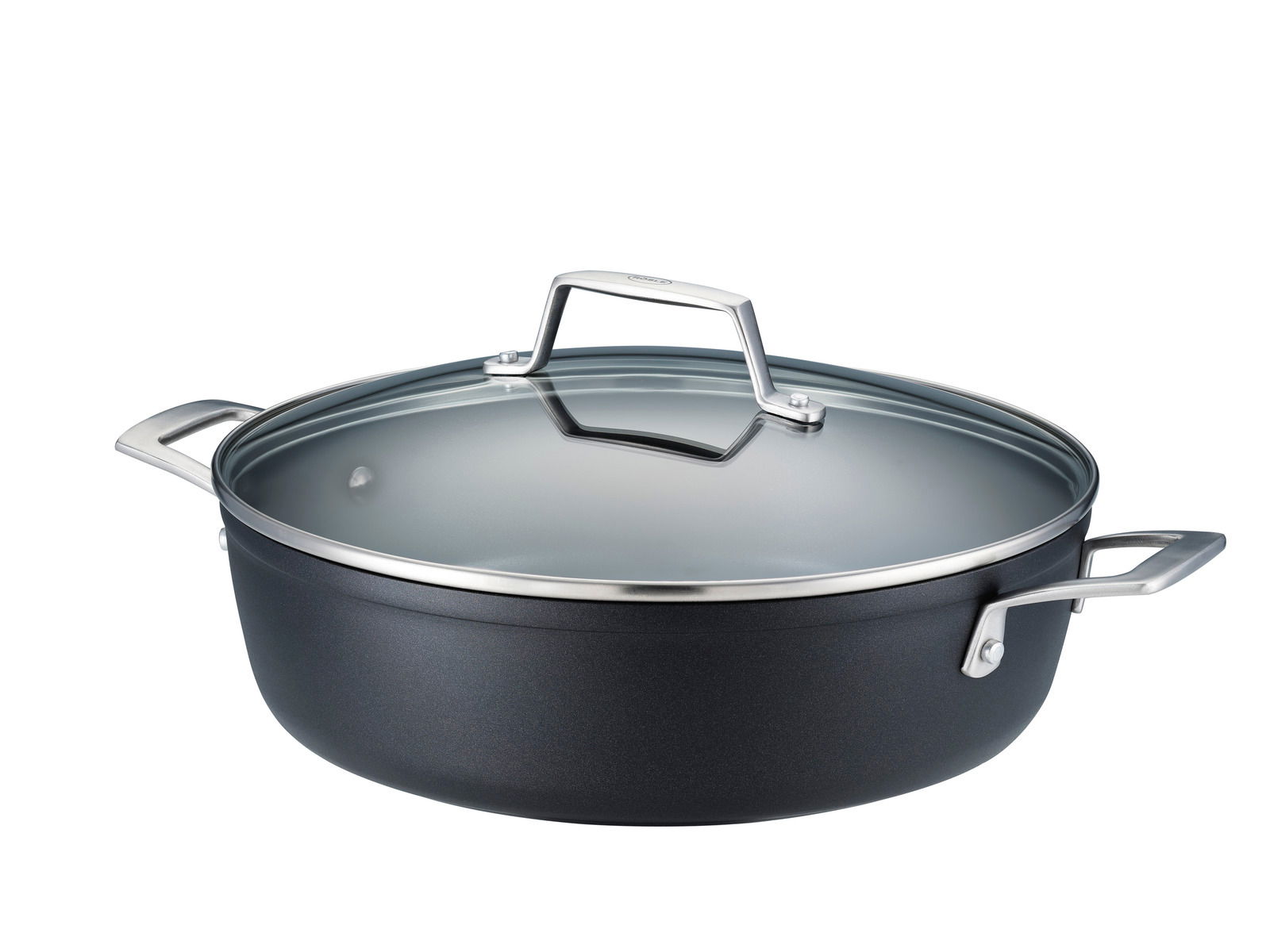 Servierpfanne Raise Ø 28 cm mit Glasdeckel, seitliche Perspektive