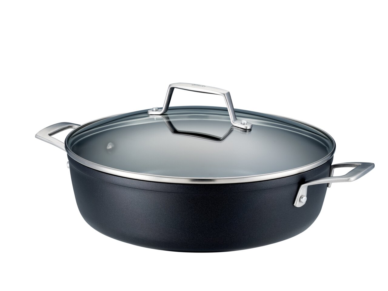 Servierpfanne Raise Ø 28 cm mit Glasdeckel, seitliche Perspektive