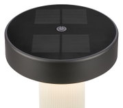 Runde schwarze Solar-LED-Gartenleuchte mit vier Solarpanel-Feldern und Ein-/Aus-Schalter, Ansicht von oben in leichter Schrägperspektive