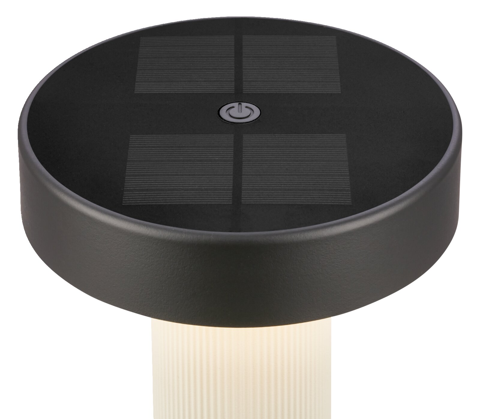 Runde schwarze Solar-LED-Gartenleuchte mit vier Solarpanel-Feldern und Ein-/Aus-Schalter, Ansicht von oben in leichter Schrägperspektive