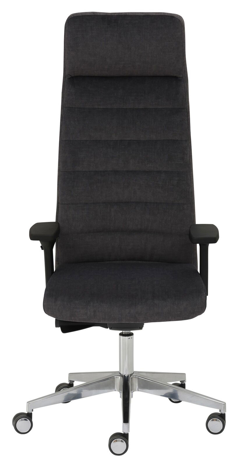 Moderner schwarzer Drehstuhl mit hoher Rückenlehne und Armlehnen, Vorderansicht