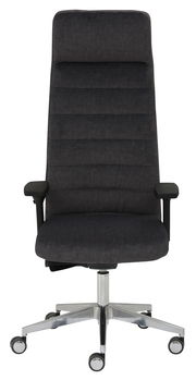 Moderner schwarzer Drehstuhl mit hoher Rückenlehne und Armlehnen, Vorderansicht