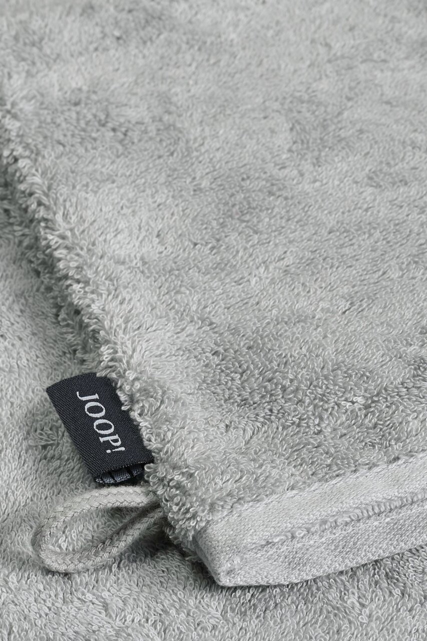 JOOP! Waschhandschuh DOUBLEFACE CLASSIC Grauer Waschhandschuh aus Frottee mit schwarzem Joop-Label, Nahaufnahme