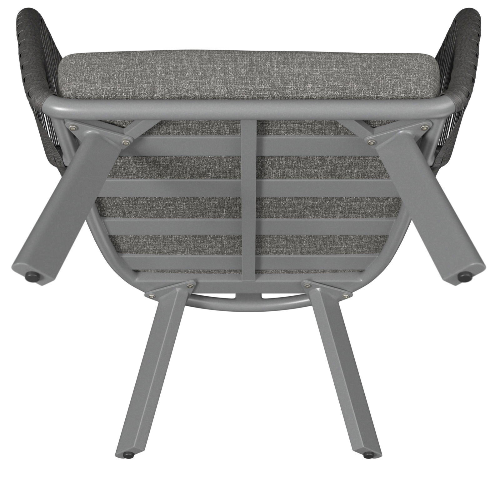 Unteransicht eines Loungesessels mit grauem Metallrahmen und gepolstertem Sitzkissen.
