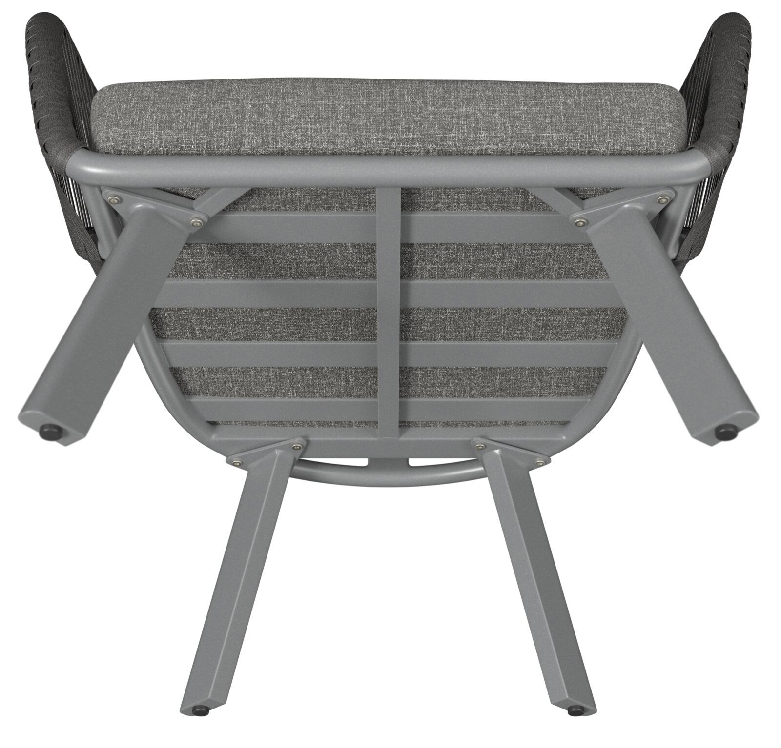 Unteransicht eines Loungesessels mit grauem Metallrahmen und gepolstertem Sitzkissen.